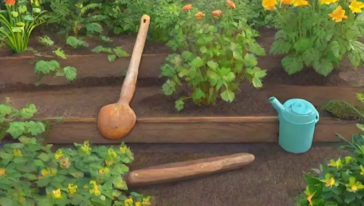 Un jardín vibrante y armonioso lleno de hojas verdes, flores amarillas, herramientas de jardinería y mariposas