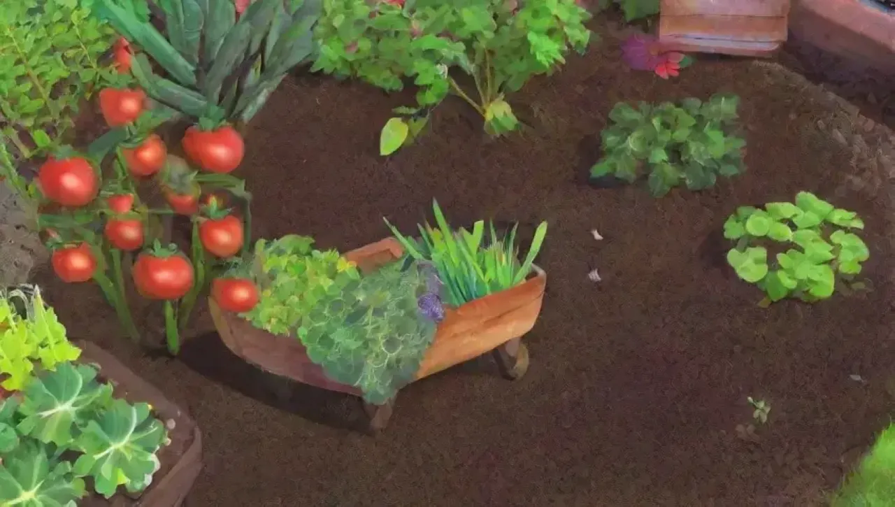Un jardín vibrante y saludable lleno de flores, verduras y vida