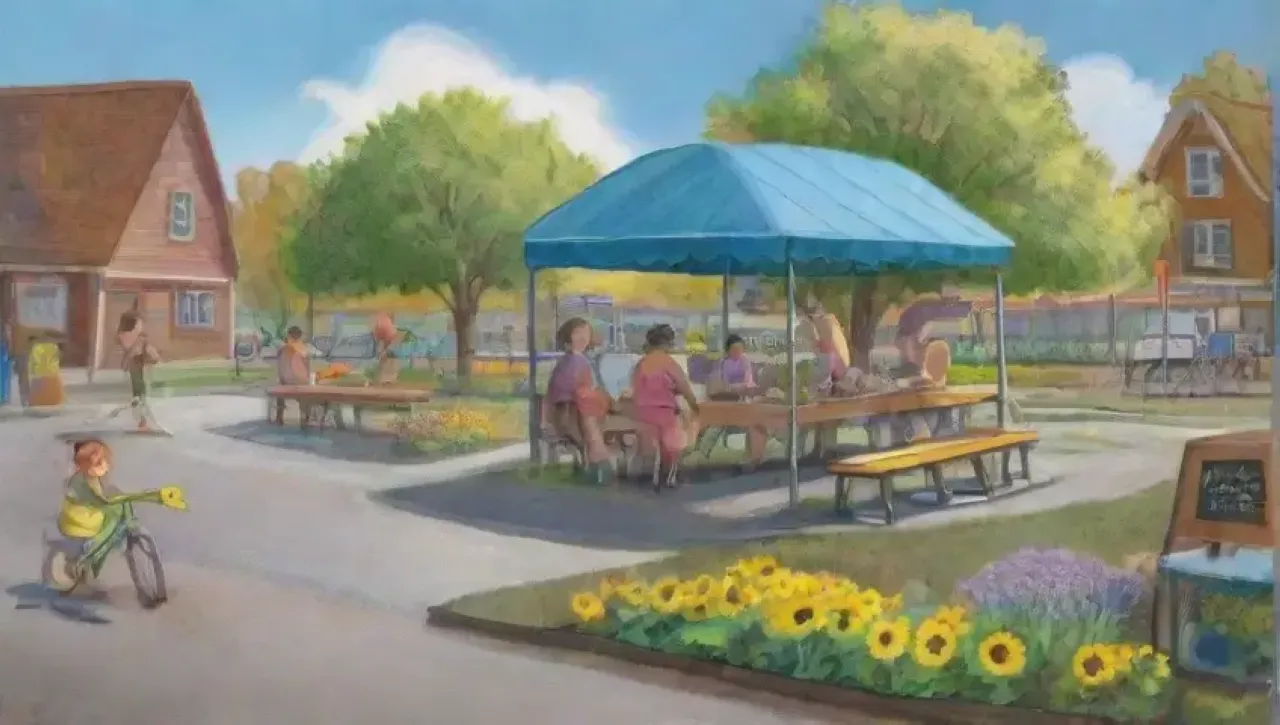 Un vibrante jardín comunitario lleno de vida, colaboración y esperanza