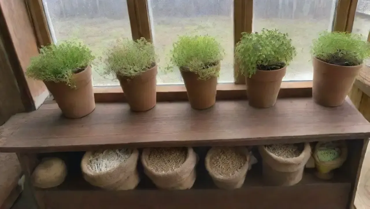 Un jardín vibrante y acogedor, lleno de semillas, herramientas y plantas en crecimiento