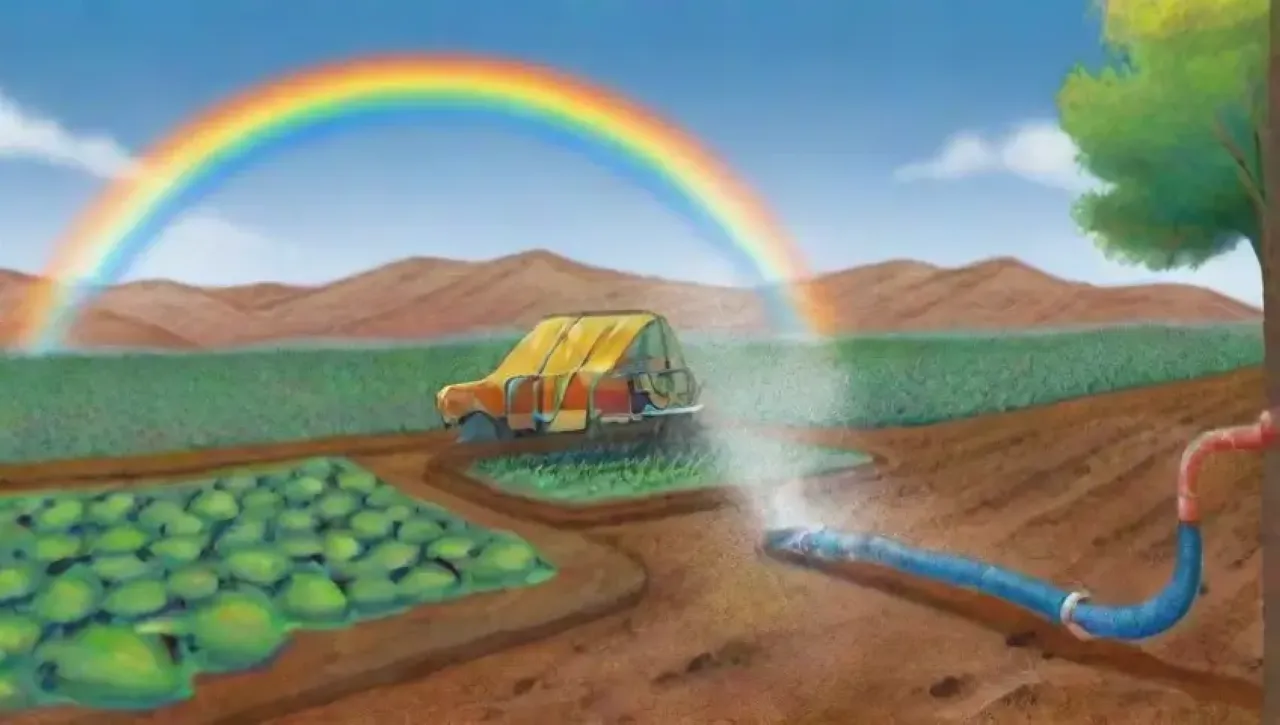Un paisaje agrícola vibrante lucha contra la sequía, mostrando esperanza y resiliencia