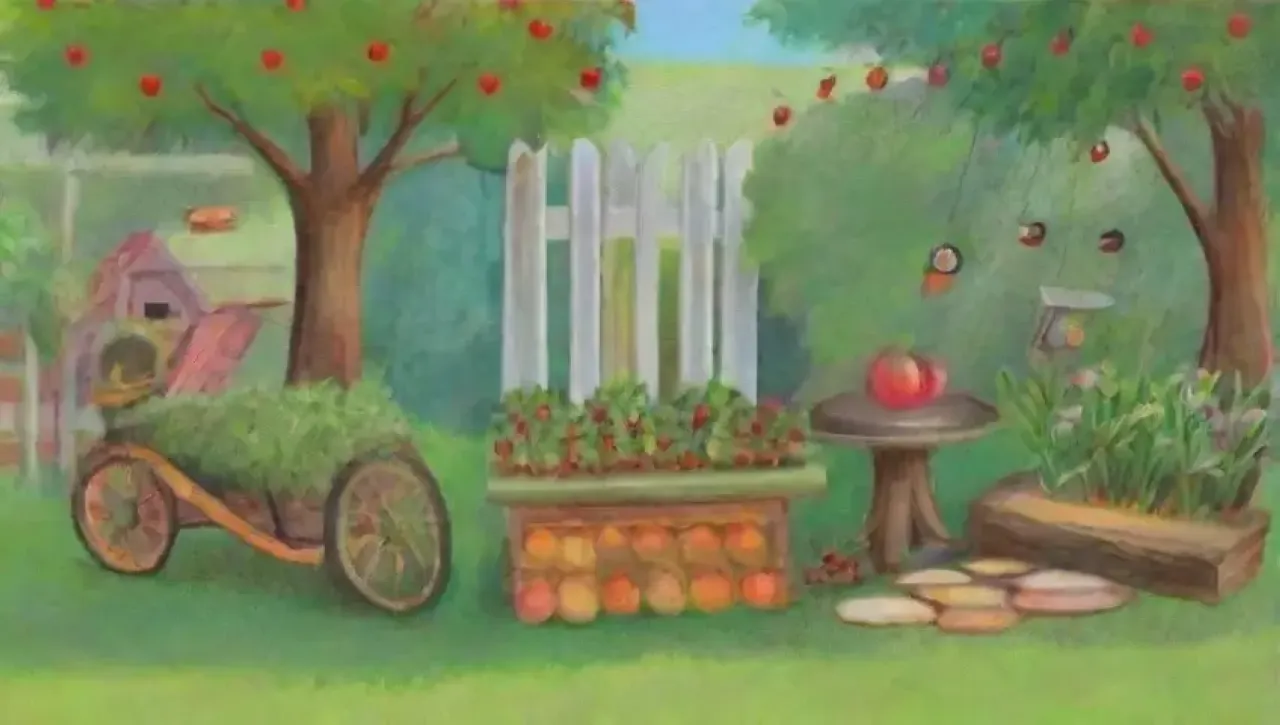 Un jardín vibrante lleno de frutas, flores y vida