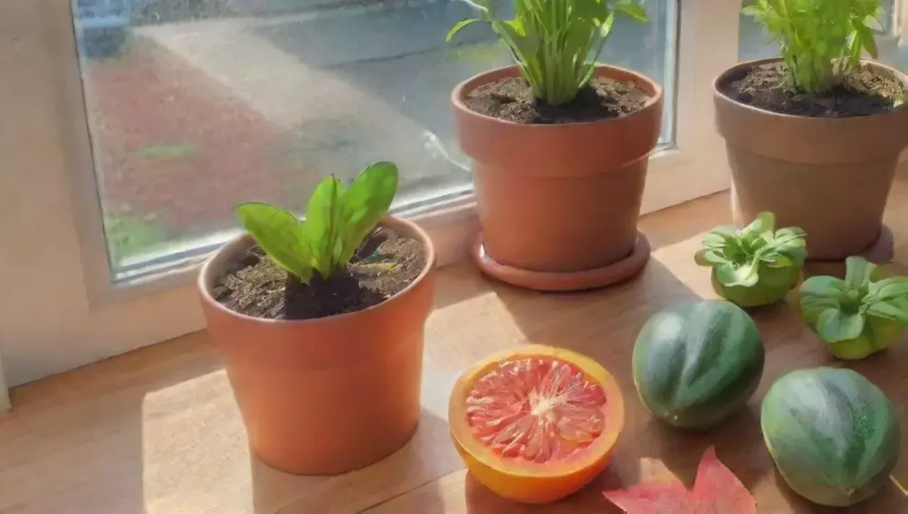 Un jardín vibrante lleno de hojas verdes, frutas coloridas y herramientas alegres