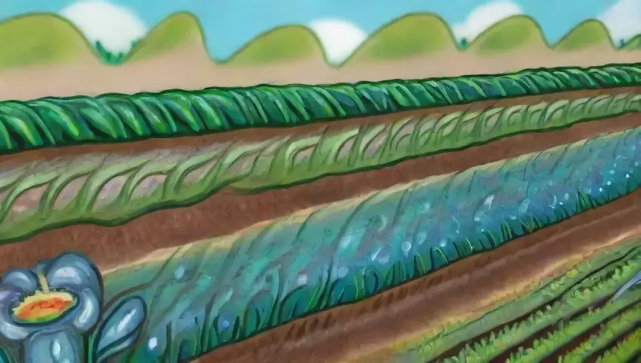 Campos verdes vibrantes con cultivos, agua brillante y biodiversidad floreciente