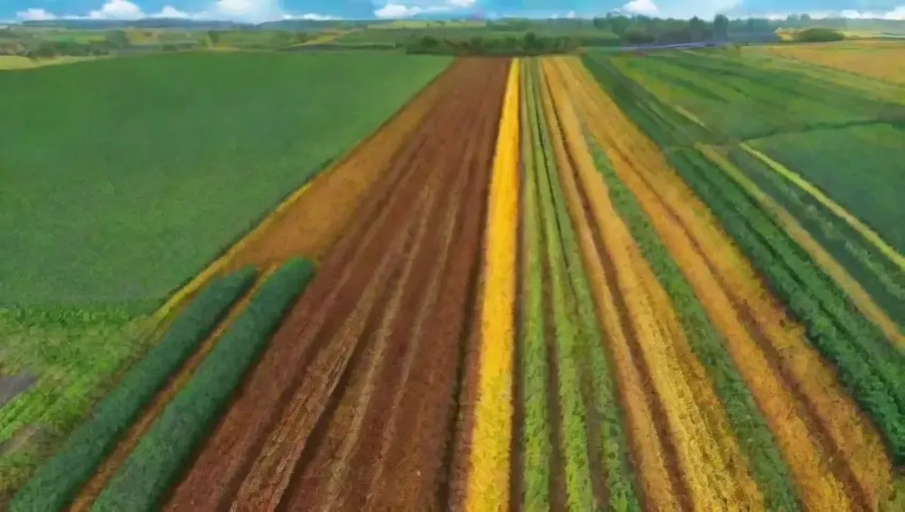 Un vasto campo verde bajo un cielo azul, con drones sobrevolando y agricultores monitoreando la producción sostenible