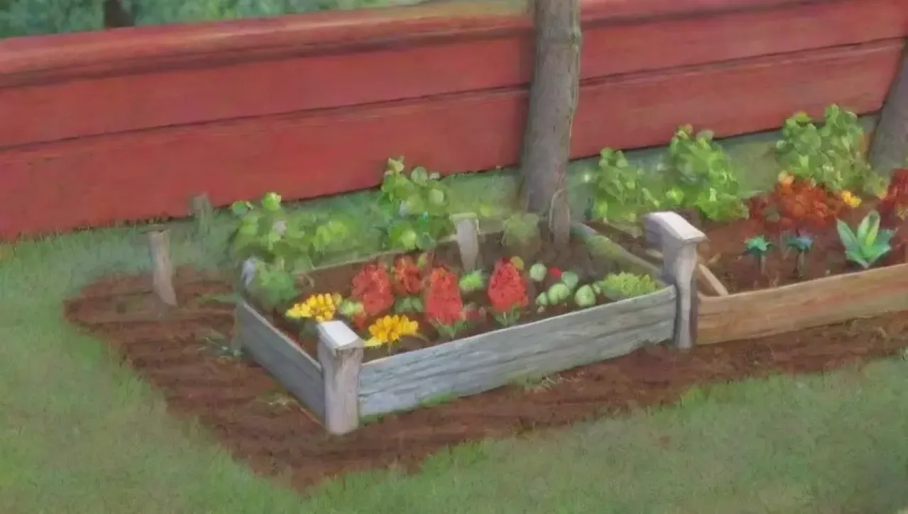 Un jardín vibrante y sereno con hojas verdes, flores amarillas y elementos de invierno