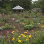 Un jardín vibrante y diverso donde niños aprenden sobre sostenibilidad