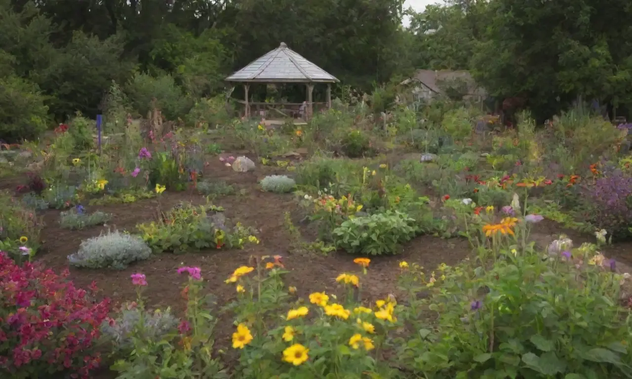 Un jardín vibrante y diverso donde niños aprenden sobre sostenibilidad