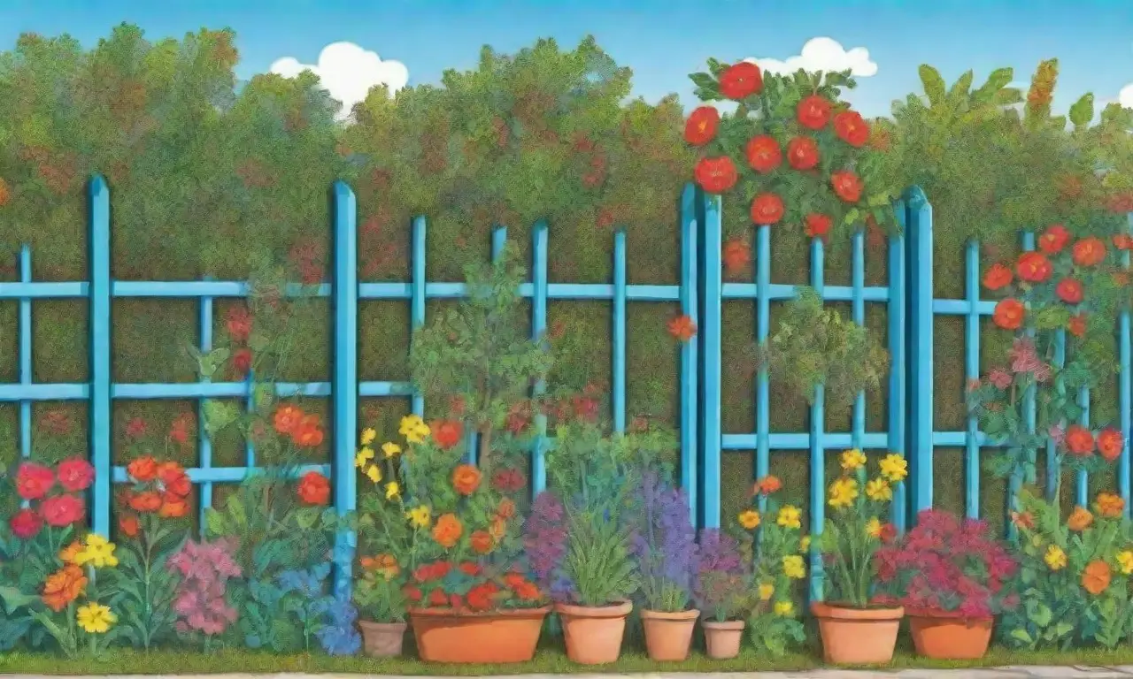 Jardín exuberante con plantas vibrantes, flores coloridas y un cielo azul bajo una suave brisa