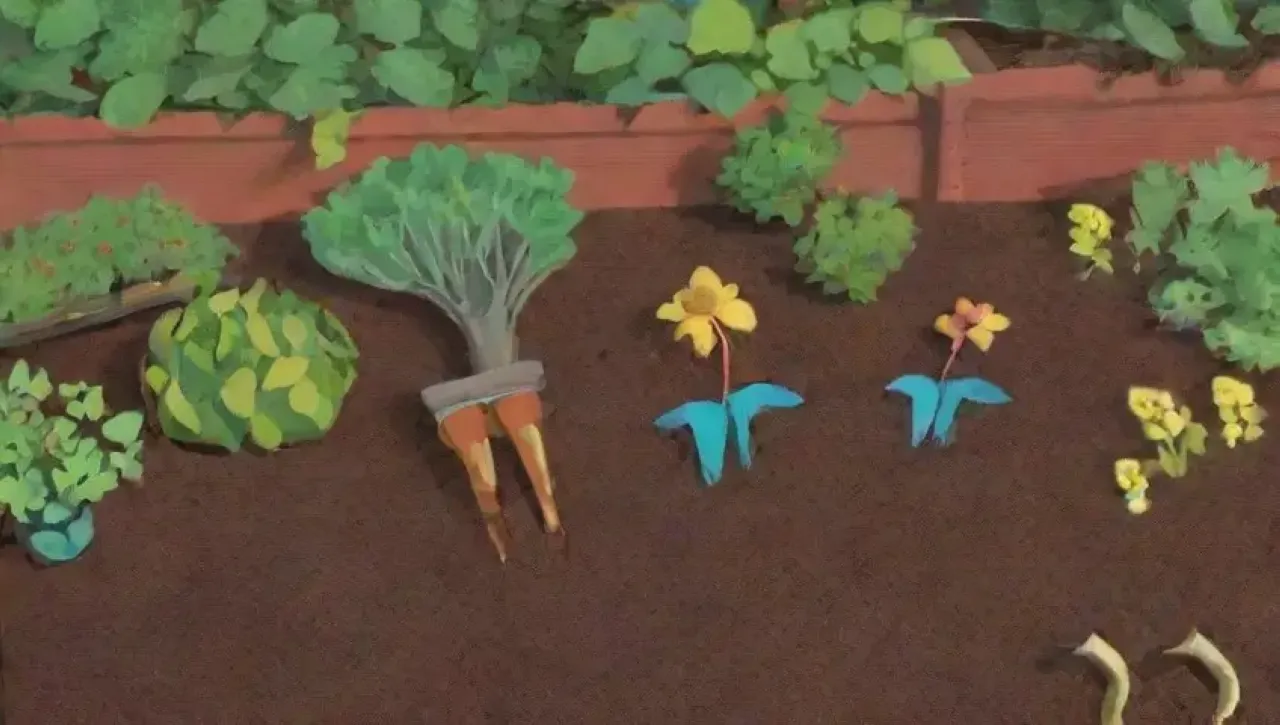 Un jardín vibrante y lleno de vida, donde la naturaleza transforma desechos en crecimiento