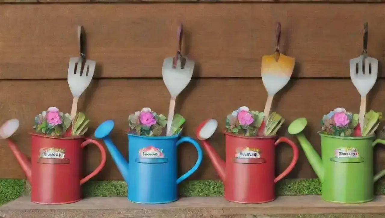 Herramientas de jardín coloridas y personalizadas en un ambiente alegre y vibrante