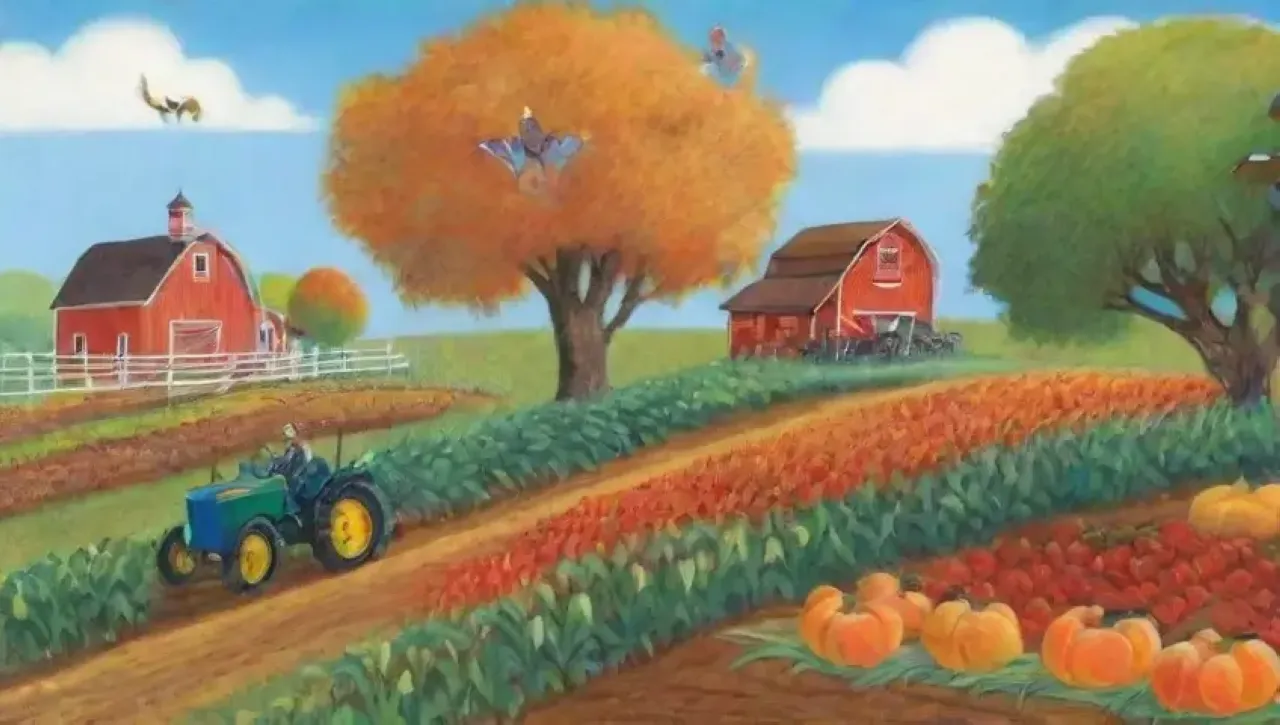 Un paisaje agrícola vibrante y abundante, lleno de vida y colores