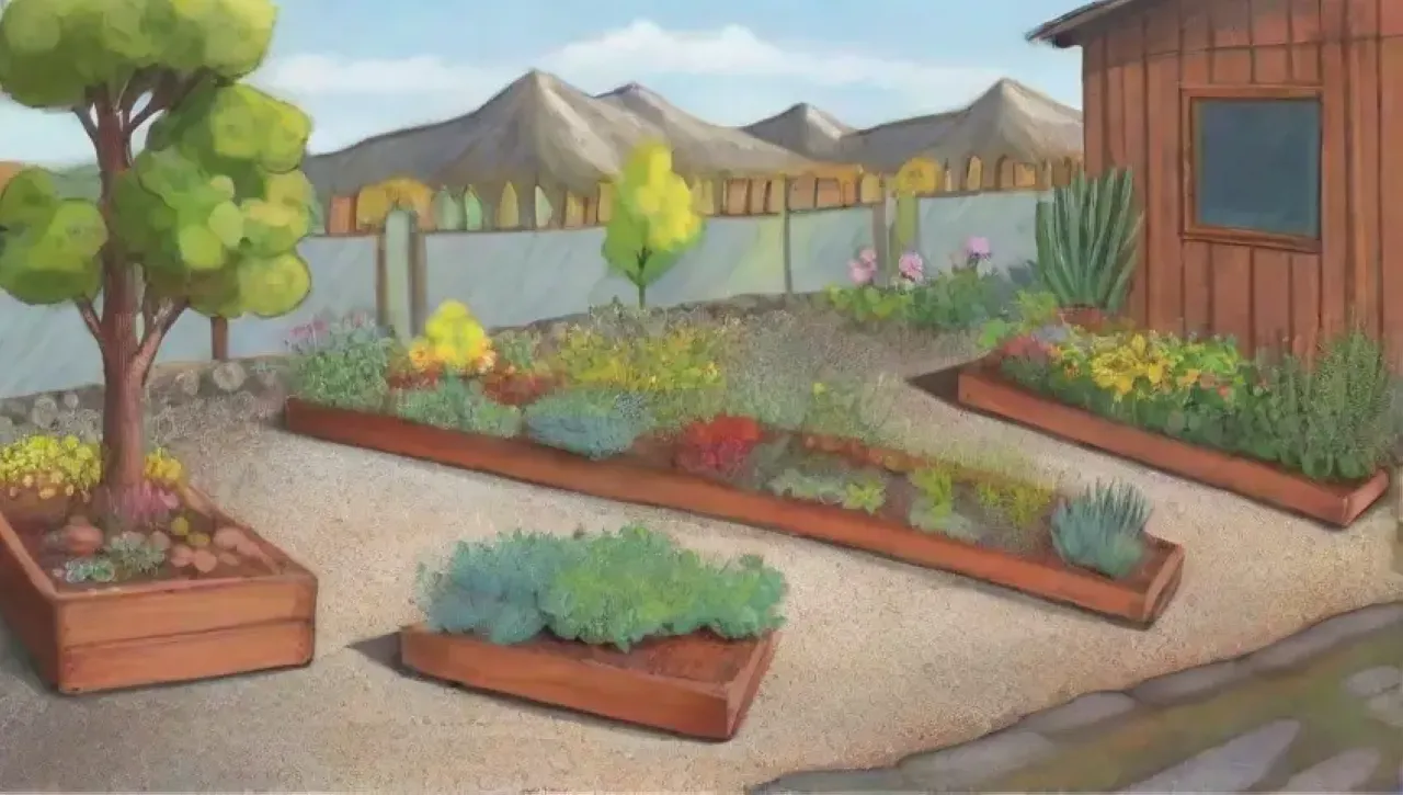 Un paisaje vibrante y sostenible con plantas resistentes, flores coloridas y un ecosistema próspero