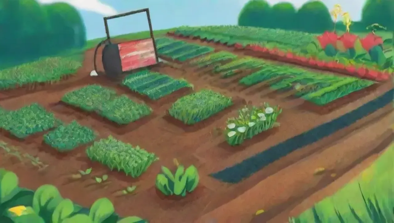 Un campo verde con cultivos vibrantes, herramientas y tecnología agrícola en un ambiente sereno
