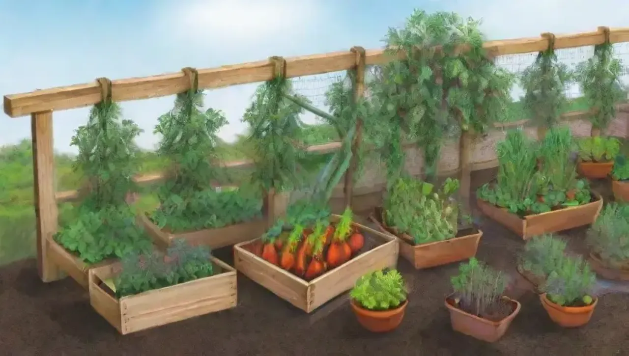 Un jardín vibrante y sostenible lleno de vegetales, flores y comunidad