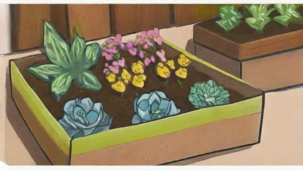 Un vibrante jardín eco-amigable con bolsas de papel reciclado y plantas floreciendo