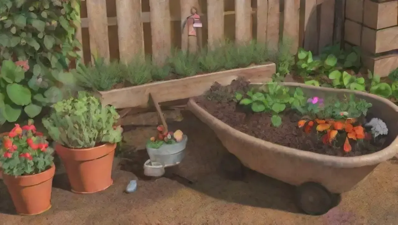 Un jardín vibrante con plantas verdes, compost, flores y herramientas de jardinería en un ambiente sereno