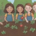 Jardines escolares con estudiantes colaborando en actividades prácticas y celebrando cosechas