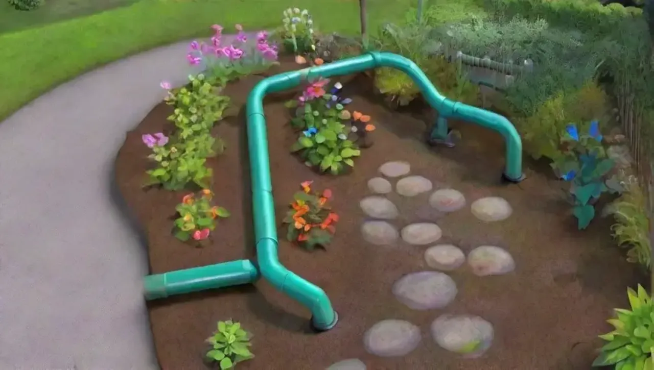 Un jardín vibrante y armonioso con flores, riego eficiente y vegetación próspera