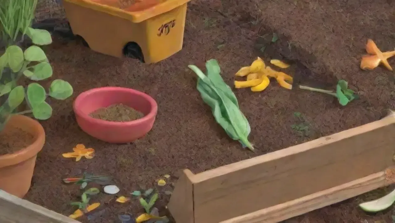 Un ciclo natural vibrante de hojas, frutas, tierra y compost
