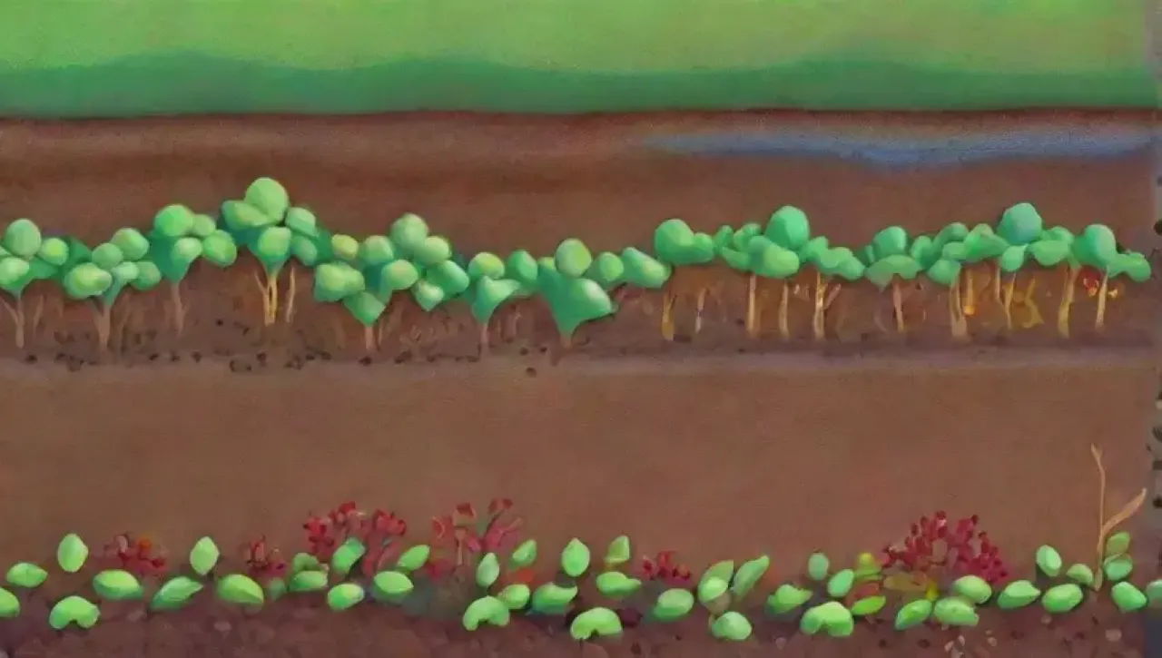 Un ecosistema vibrante y saludable con campos verdes, árboles frutales y vida en armonía
