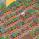 Huerto urbano con verduras vibrantes y comunidad alegre