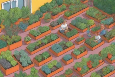 Huerto urbano con verduras vibrantes y comunidad alegre