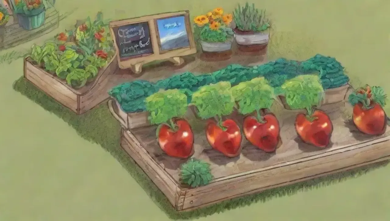Un jardín ecológico vibrante lleno de vegetales, flores y herramientas de cultivo