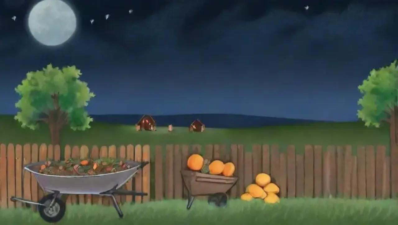 Una noche serena con luna llena ilumina campos verdes y refleja la armonía entre el hombre y la naturaleza