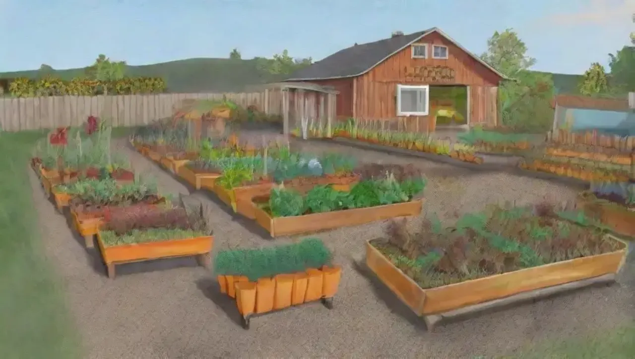 Un vibrante jardín comunitario en otoño, lleno de risas, trabajo en equipo y armonía con la naturaleza