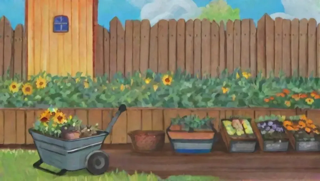 Un jardín vibrante con flores, verduras, lluvia y un arcoíris