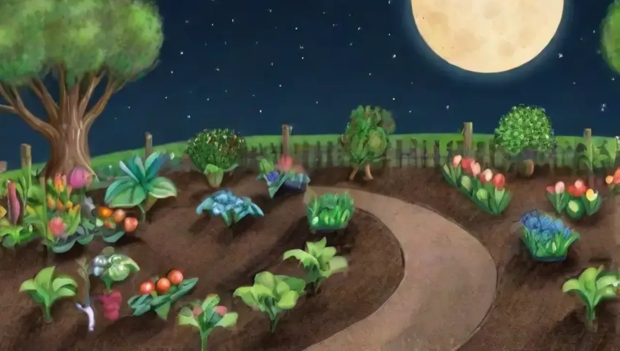 Una noche serena con luna llena ilumina un jardín vibrante y en armonía con la naturaleza