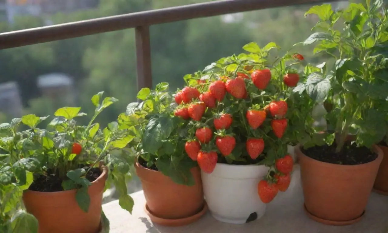Jardín urbano vibrante con frutas y hierbas en terrazas soleadas