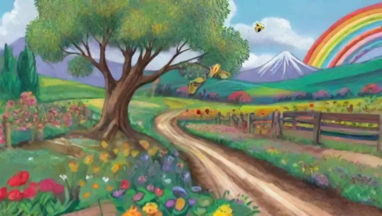 Un paisaje armonioso de campos verdes, flores, animales y agricultores en perfecta conexión con la naturaleza