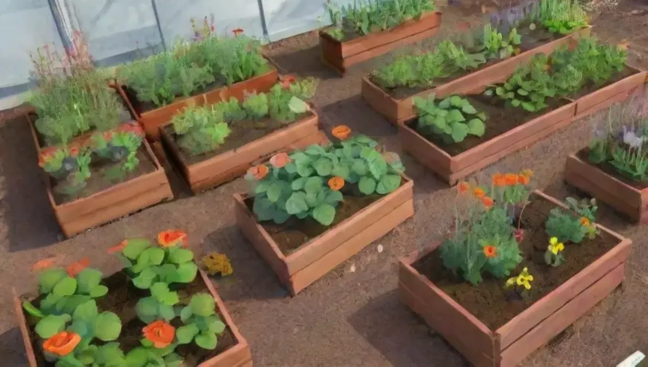 Un jardín urbano vibrante y colaborativo lleno de vida y cosechas