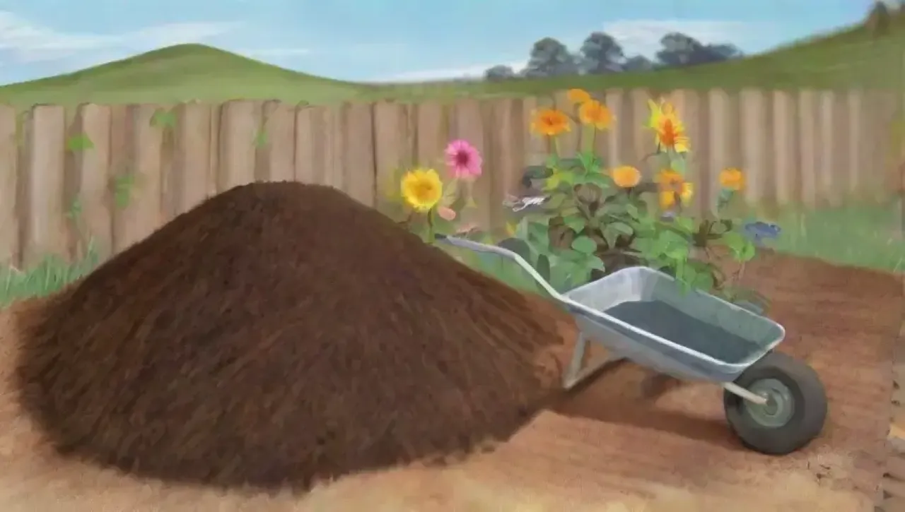 Un paisaje de suelo arenoso y soleado con plantas verdes, herramientas de jardinería y un ambiente vibrante