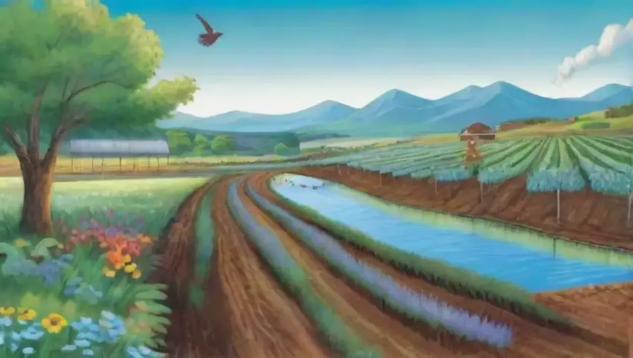 Un paisaje vibrante con campos verdes, tecnología sostenible y armonía natural