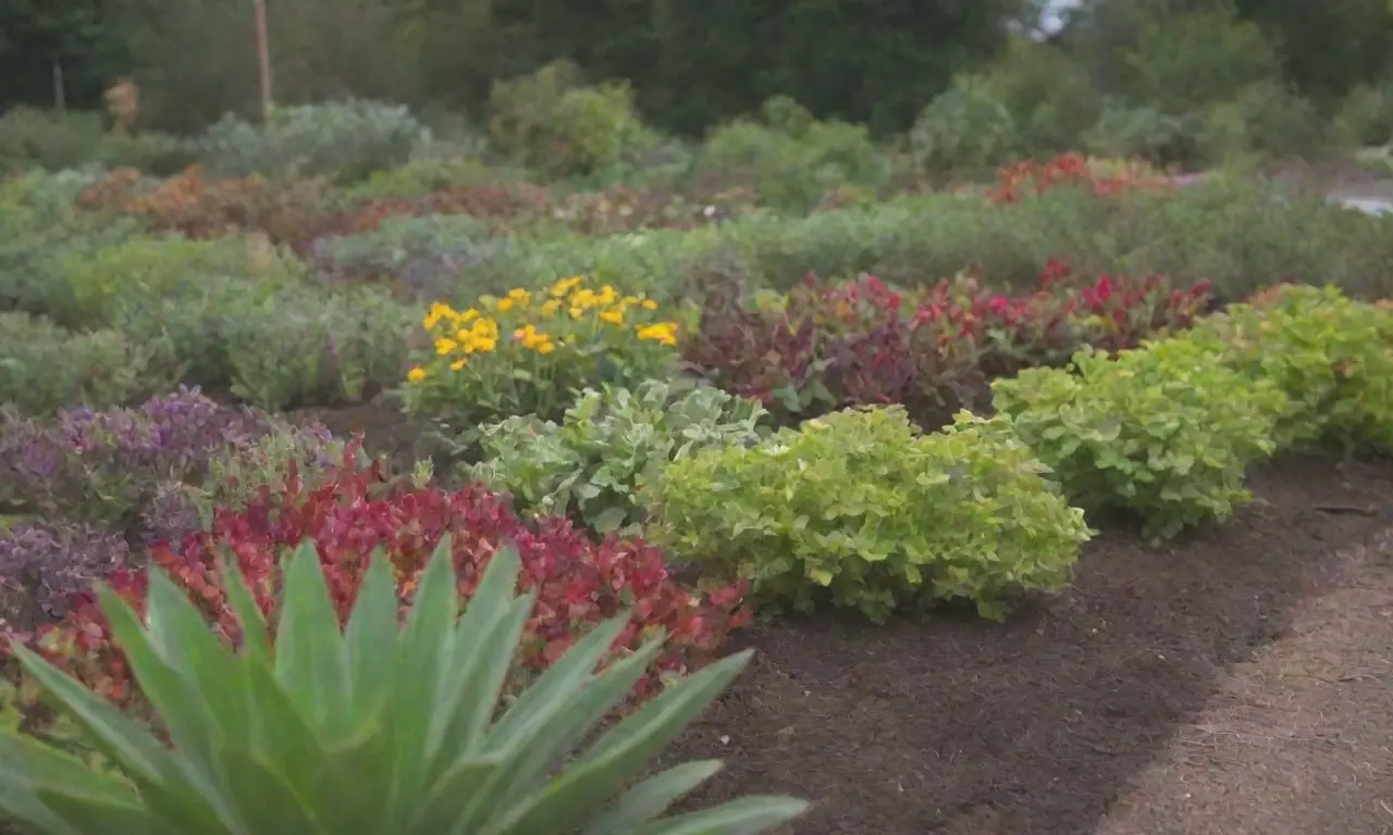Jardín escolar con plantas coloridas, cultivos diversos y actividades educativas sostenibles