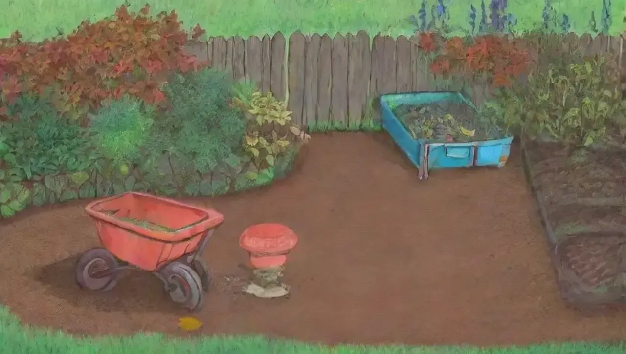 Un jardín descuidado con suelo irregular, maleza y herramientas oxidadas