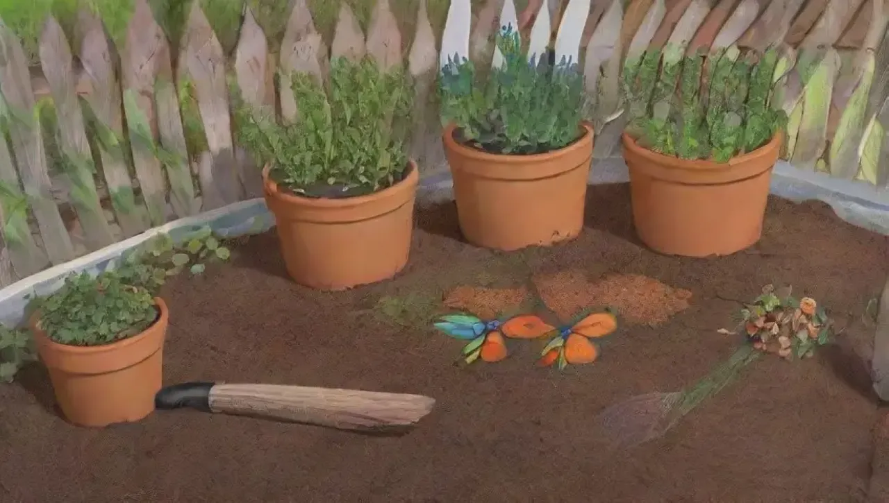 Un jardín vibrante lleno de vida y color, con plantas, compost, flores y una familia sonriente