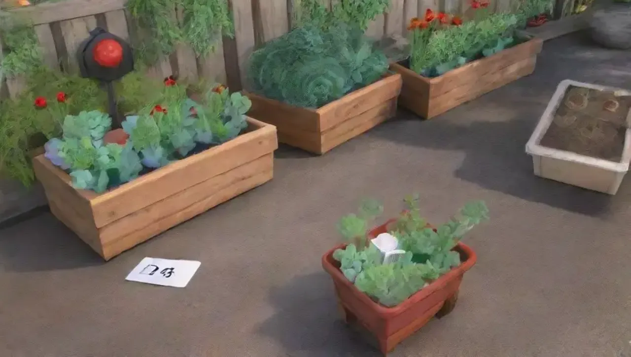 Un jardín invernal sereno con kale verde, nieve, herramientas ordenadas y un ambiente acogedor