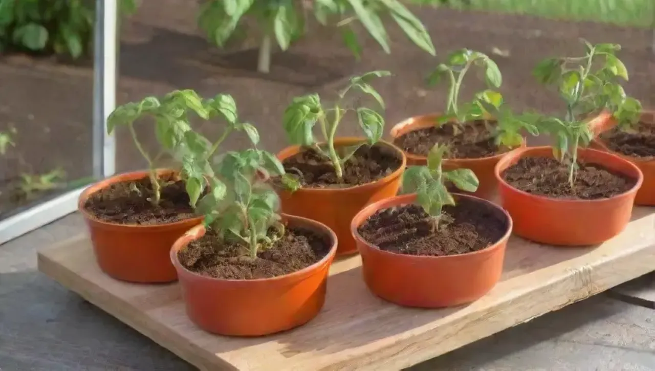 Un jardín vibrante con tomates rojos, herramientas ordenadas y un ambiente alegre
