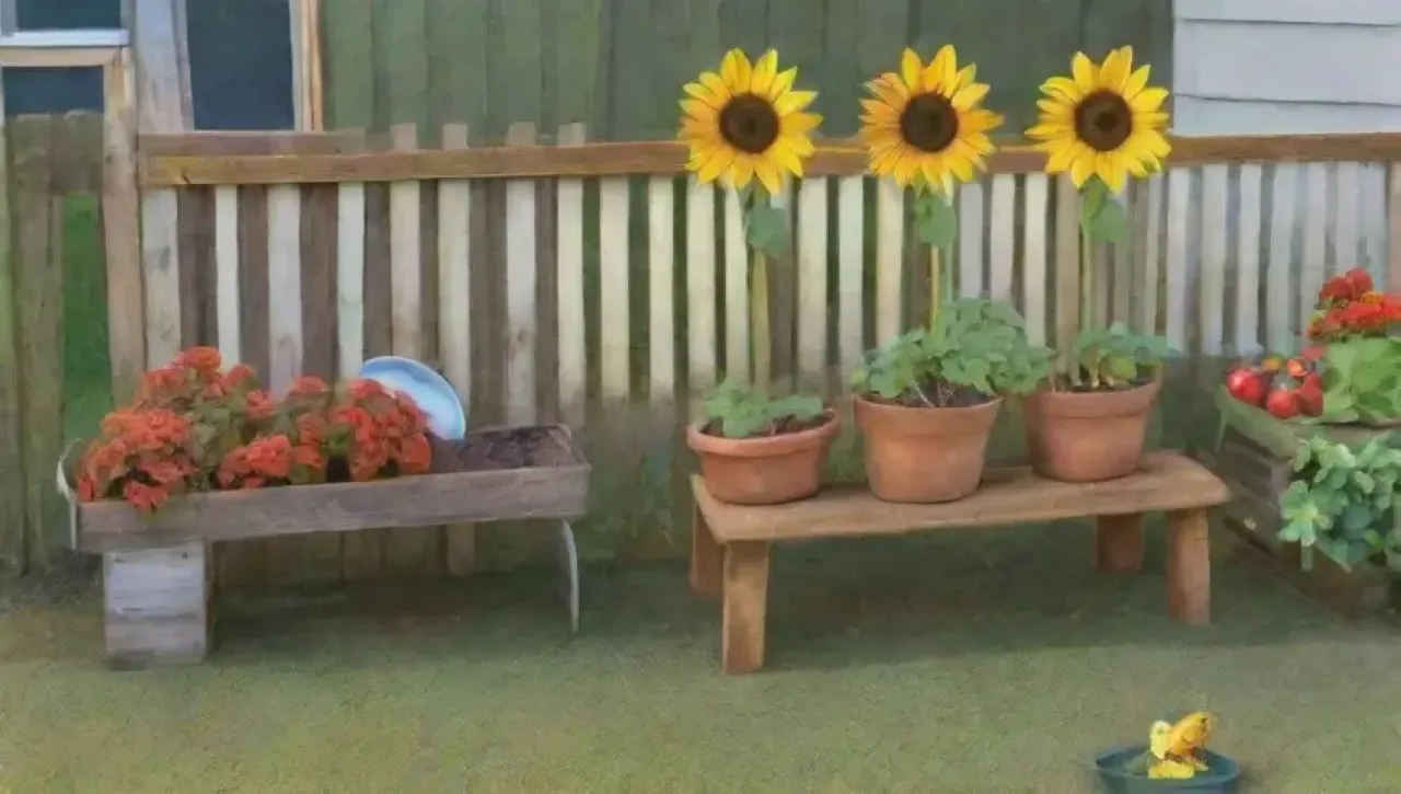 Un jardín vibrante con flores, herramientas, vegetales y un jardinero trabajando