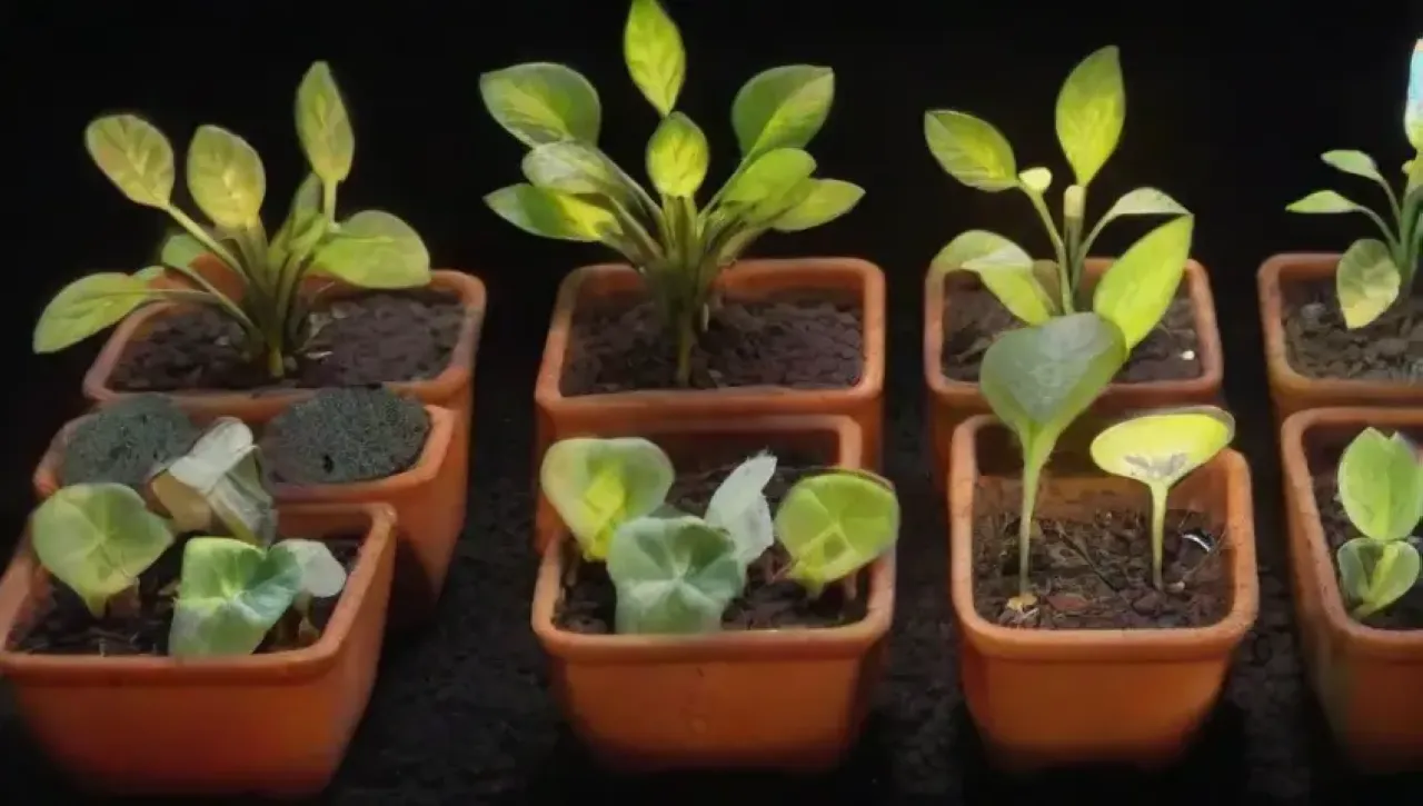 Un invernadero iluminado con luces LED muestra plántulas verdes en macetas, con sombras suaves y un ambiente sereno