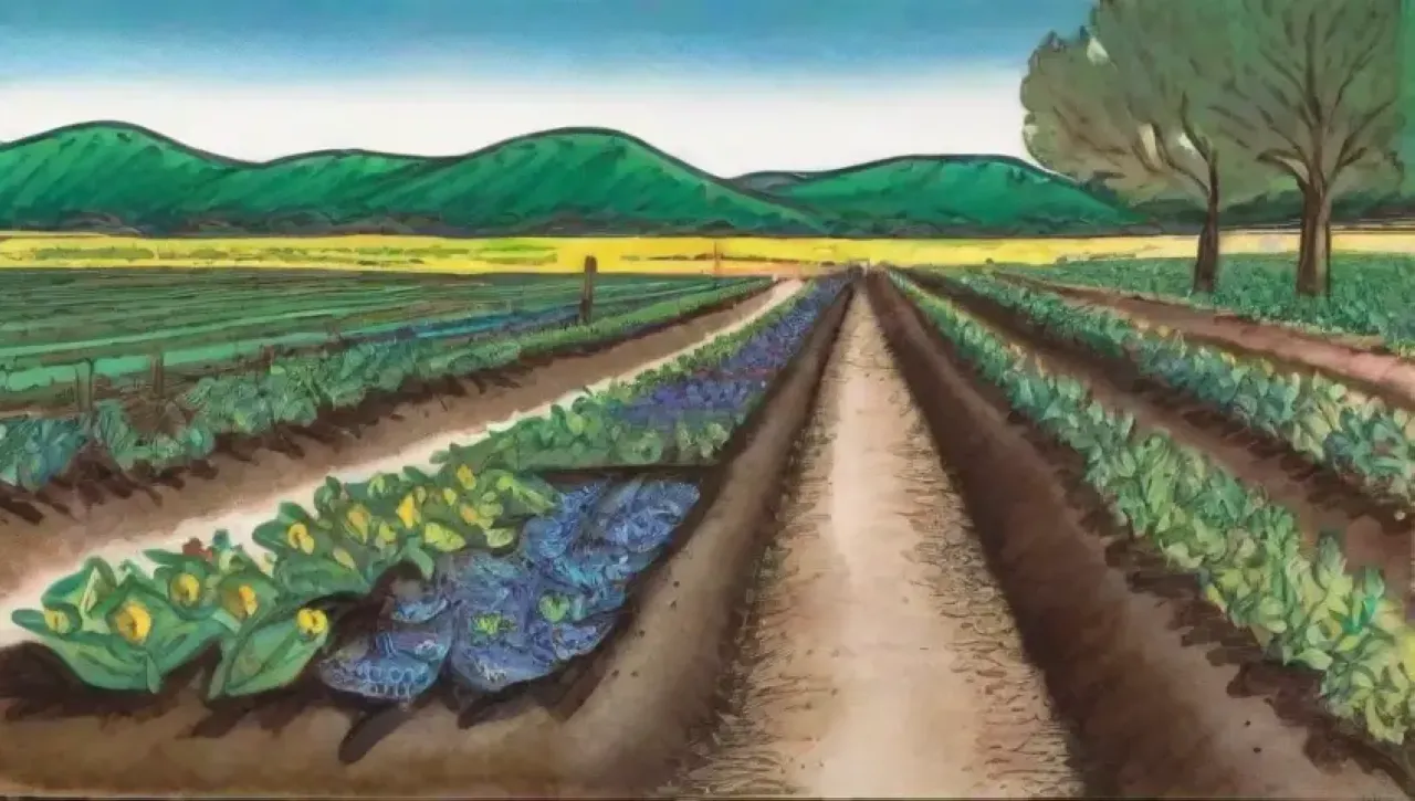 Un campo verde y vibrante con cultivos, un agricultor trabajando y la naturaleza en armonía
