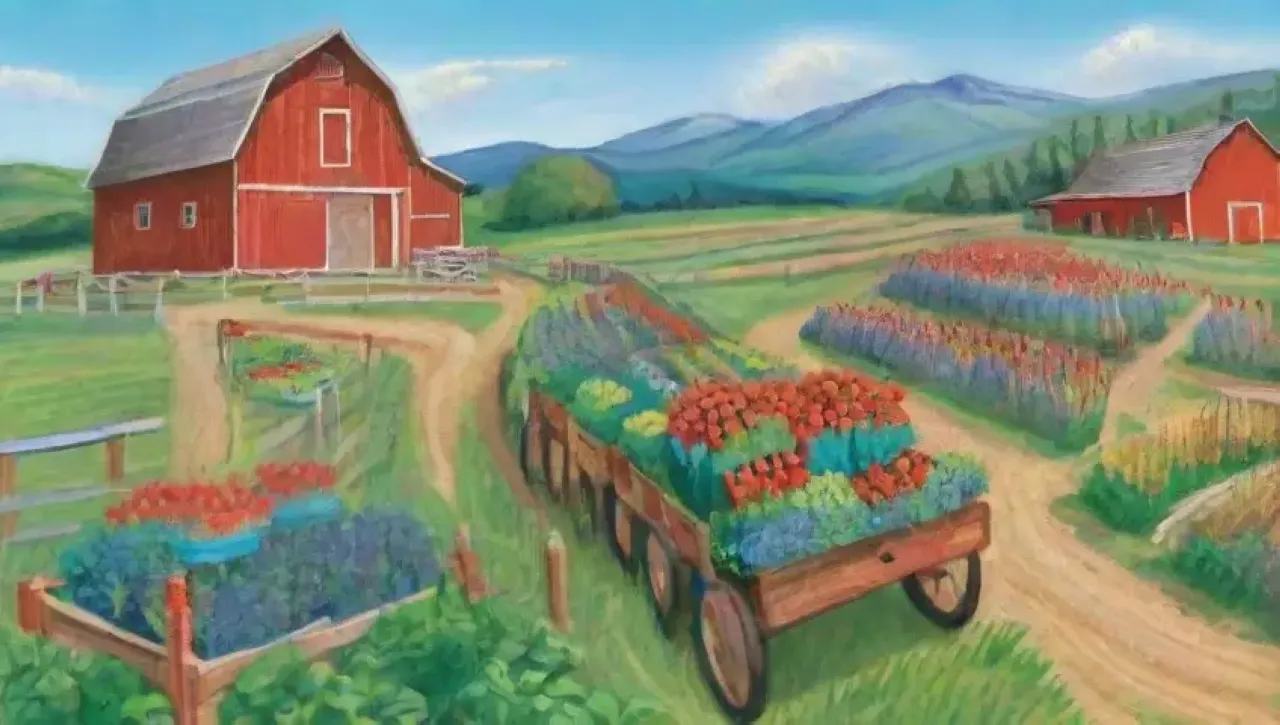 Un paisaje agrícola vibrante y sostenible lleno de vida y comunidad