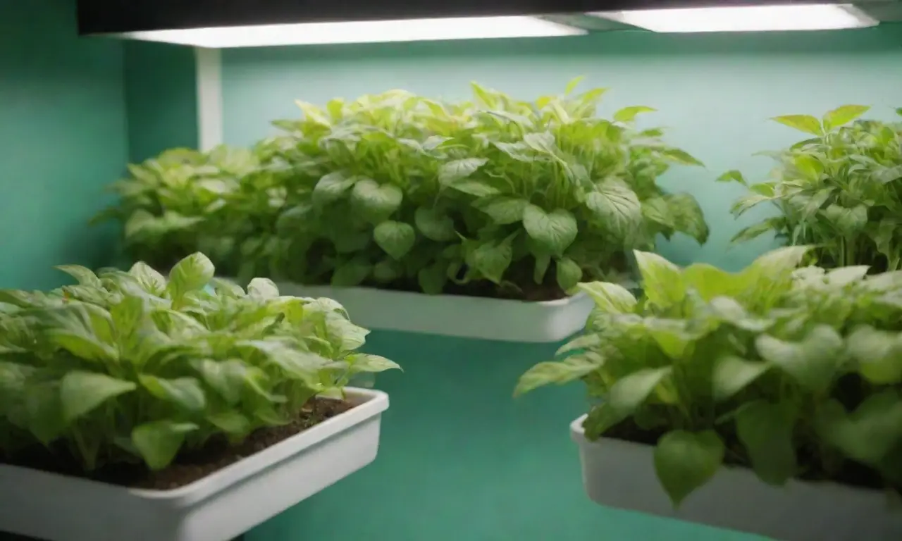 Fondo verde vibrante con plantas hidropónicas y herramientas en un jardín próspero