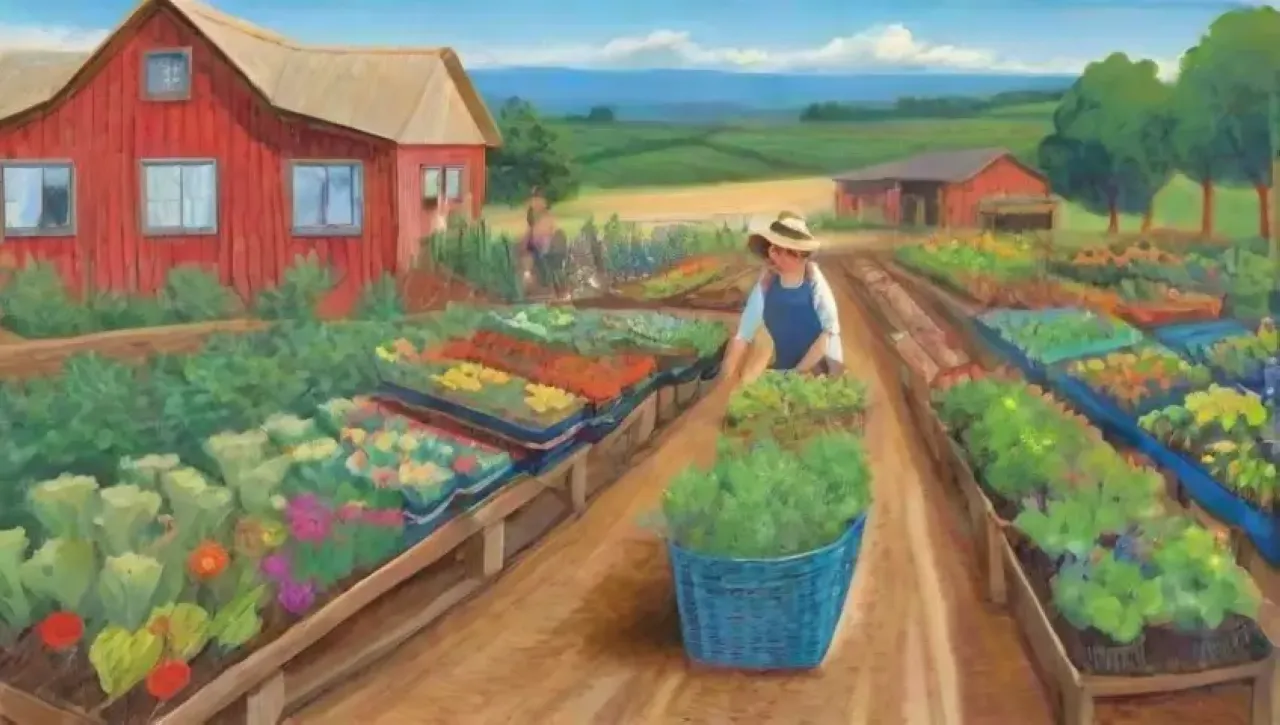 Un paisaje agrícola vibrante y sostenible, lleno de vida y comunidad