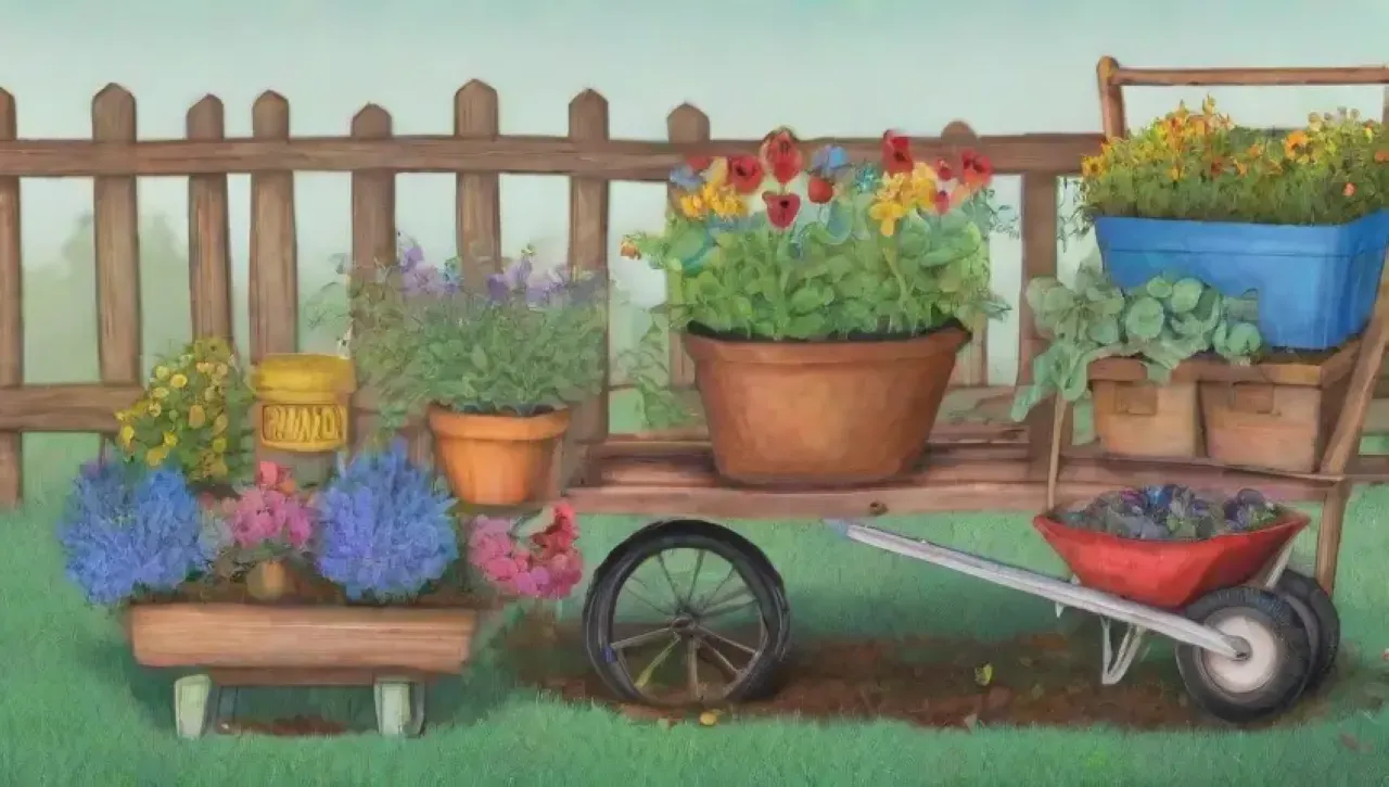 Un jardín vibrante con plantas verdes, flores coloridas, mariposas, un jardinero sonriente y un ambiente tranquilo