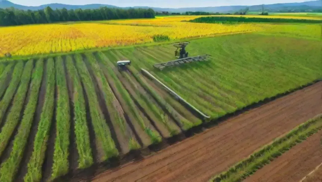 Campos verdes vibrantes con drones y tecnología en armonía con la naturaleza